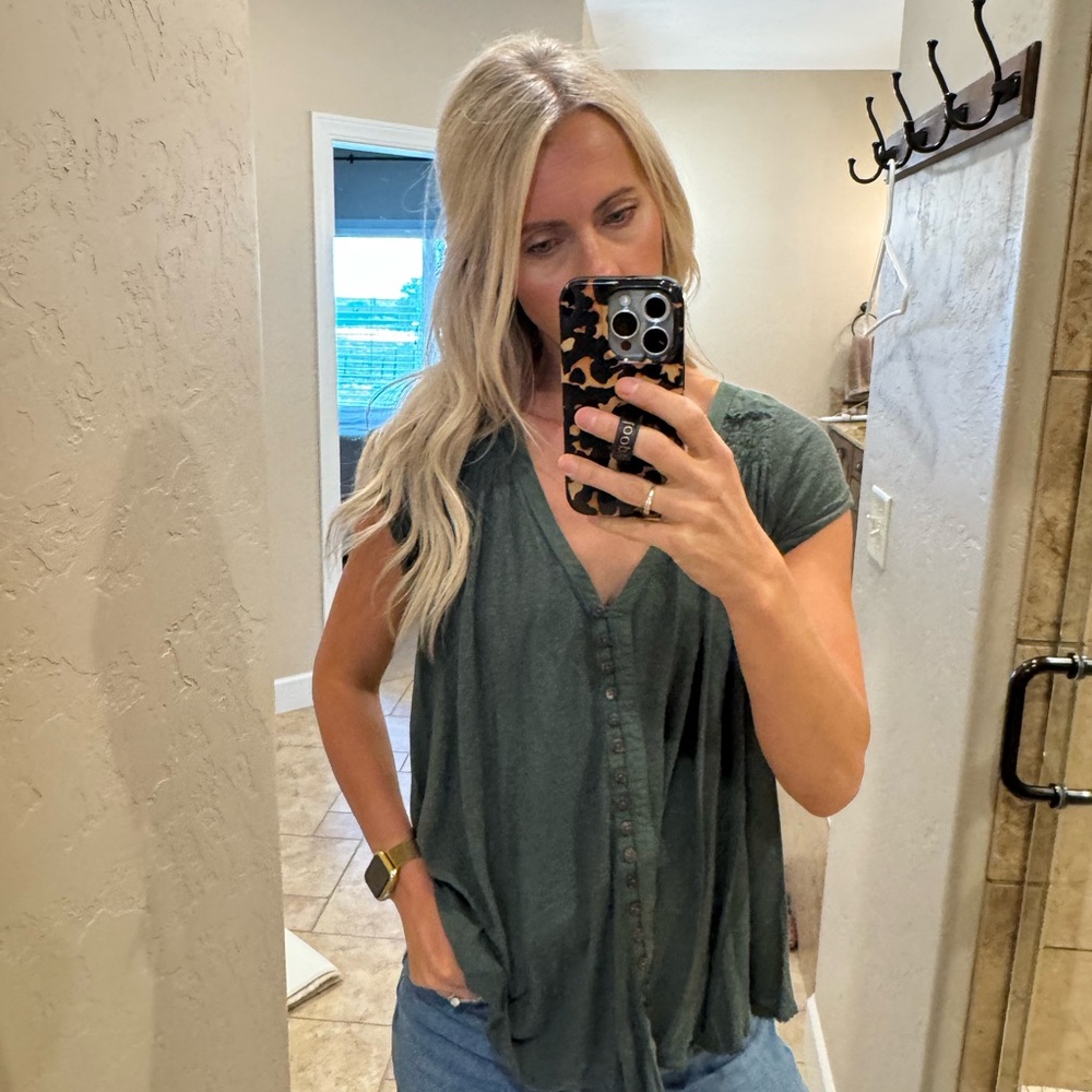 Free People Relaxed V-Neck Button Front Women’s Top in Olive Green